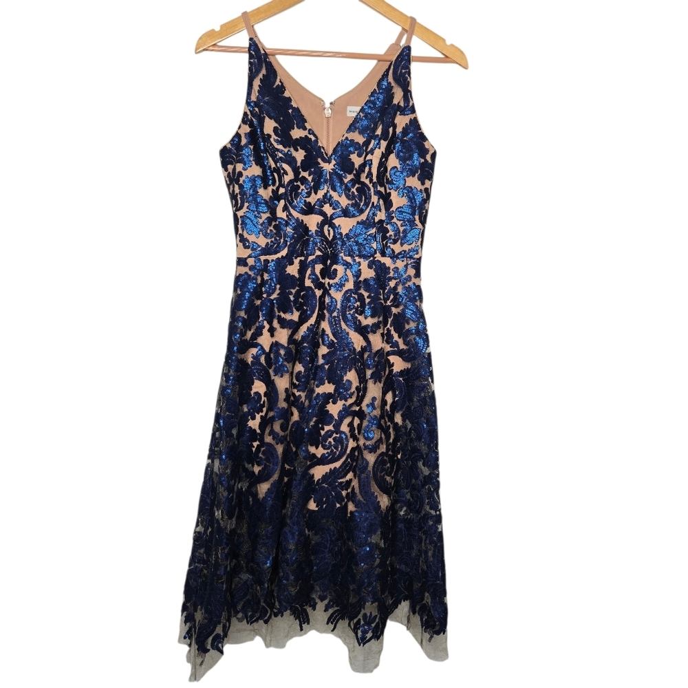 Dress The Population Blair Plunging Fit Flare Formal Sequins Lace Dress Small - Picture 2 of 13